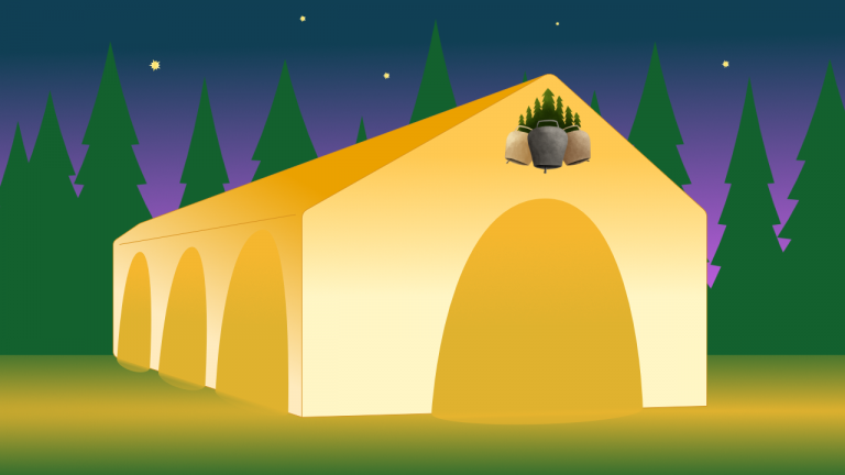 Festzelt am Abend vor Wald mit Sternen